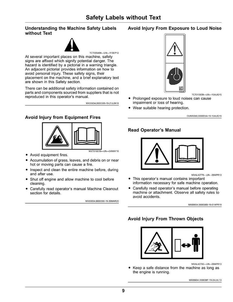 May include: A page from an operator's manual featuring safety labels. The labels warn against hazards such as loud noise, equipment fires, and thrown objects. Each label includes a warning symbol and a short description.