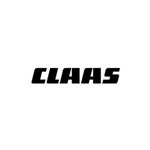 May include: The word "CLAAS" in bold, black letters dominates the image, set against a stark white background. The logo is a prominent display of the brand. The image also includes the company's address and the text "Printed in Germany."