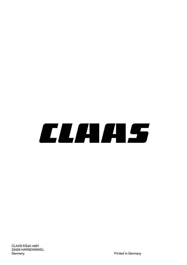 May include: The word "CLAAS" in bold, black letters dominates the image, set against a stark white background. The logo is a prominent display of the brand. The image also includes the company's address and the text "Printed in Germany."