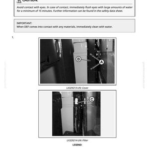 Pode incluir: Diagrama mostrando o processo de troca do filtro de ventila&ccedil;&atilde;o do tanque DEF. A imagem inclui um aviso sobre contato com os olhos e instru&ccedil;&otilde;es de limpeza. Tamb&eacute;m mostra imagens em close-up do filtro e da tampa com as etiquetas A, B e C.