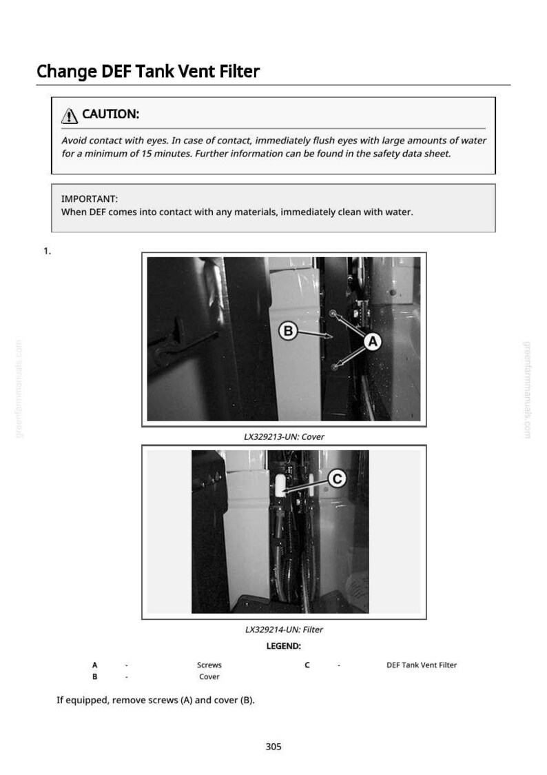 Pode incluir: Diagrama mostrando o processo de troca do filtro de ventila&ccedil;&atilde;o do tanque DEF. A imagem inclui um aviso sobre contato com os olhos e instru&ccedil;&otilde;es de limpeza. Tamb&eacute;m mostra imagens em close-up do filtro e da tampa com as etiquetas A, B e C.