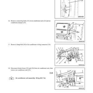Pode incluir: Diagrama de desmontagem e montagem do sistema de ar condicionado. Inclui ilustra&ccedil;&otilde;es da remo&ccedil;&atilde;o do filtro de ar, parafusos, bra&ccedil;adeira e mangueiras do aquecedor. O conjunto do ar condicionado pesa 38 kg.