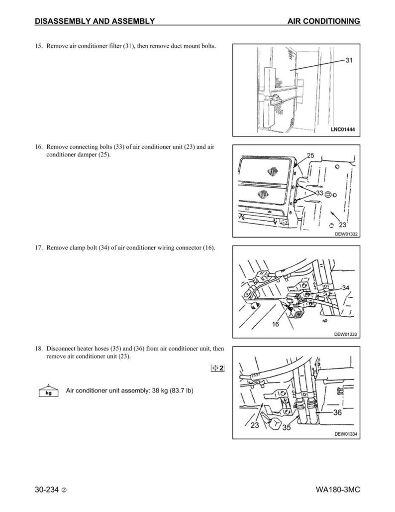 Pode incluir: Diagrama de desmontagem e montagem do sistema de ar condicionado. Inclui ilustra&ccedil;&otilde;es da remo&ccedil;&atilde;o do filtro de ar, parafusos, bra&ccedil;adeira e mangueiras do aquecedor. O conjunto do ar condicionado pesa 38 kg.
