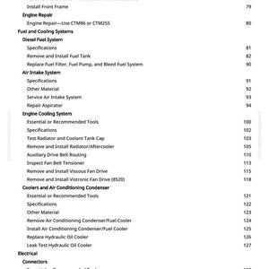 May include: A page from a manual with a table of contents. The text includes sections on engine repair, fuel systems, air intake, and cooling systems. Page numbers are listed on the right side.