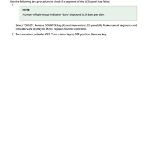 May include: A white document with black text detailing a test procedure for an LCD panel. The document includes a legend, a note about the bale shape indicator, and instructions for checking the panel's segments.