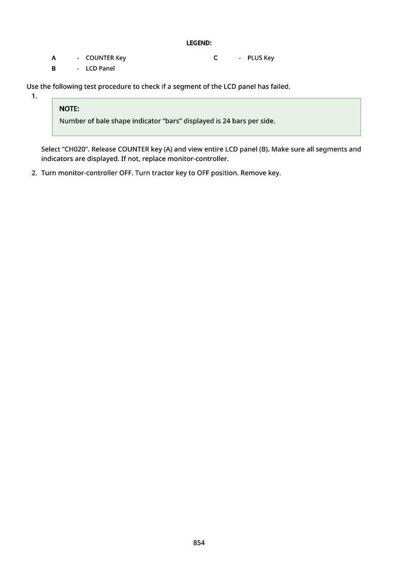 May include: A white document with black text detailing a test procedure for an LCD panel. The document includes a legend, a note about the bale shape indicator, and instructions for checking the panel's segments.