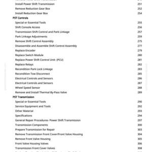 May include: A page from a manual with a list of automotive repair procedures, including "Remove Drive Train," "Install Power Shift Transmission," and "Replace Encoder." The text is black on a white background, with page numbers on the right.