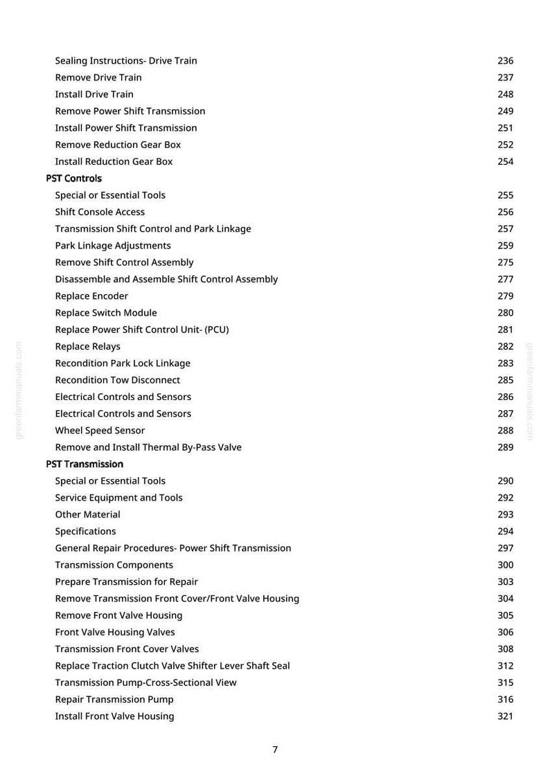 May include: A page from a manual with a list of automotive repair procedures, including "Remove Drive Train," "Install Power Shift Transmission," and "Replace Encoder." The text is black on a white background, with page numbers on the right.