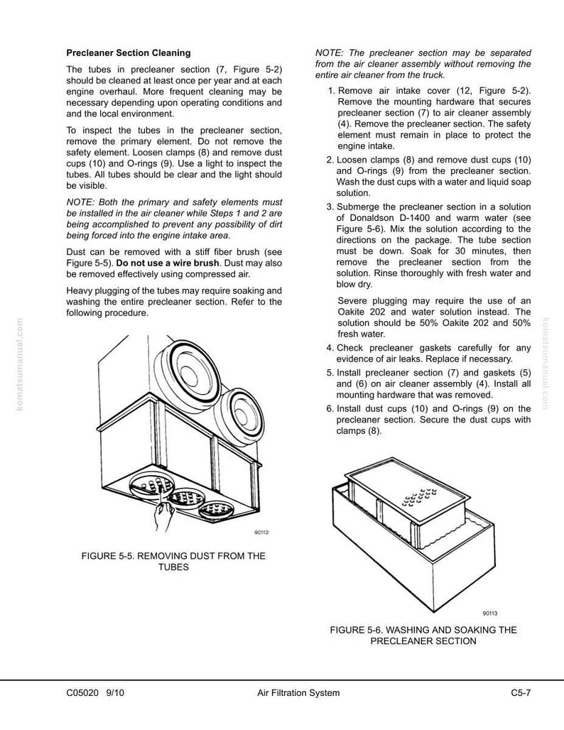 K&ouml;nnte beinhalten: Diagramme zur Reinigung des Vorabscheiderabschnitts eines Luftfiltersystems. Enth&auml;lt Anweisungen zum Entfernen von Staub und Waschen von Komponenten. Der Text enth&auml;lt Abbildungen und Schritte zur Wartung.