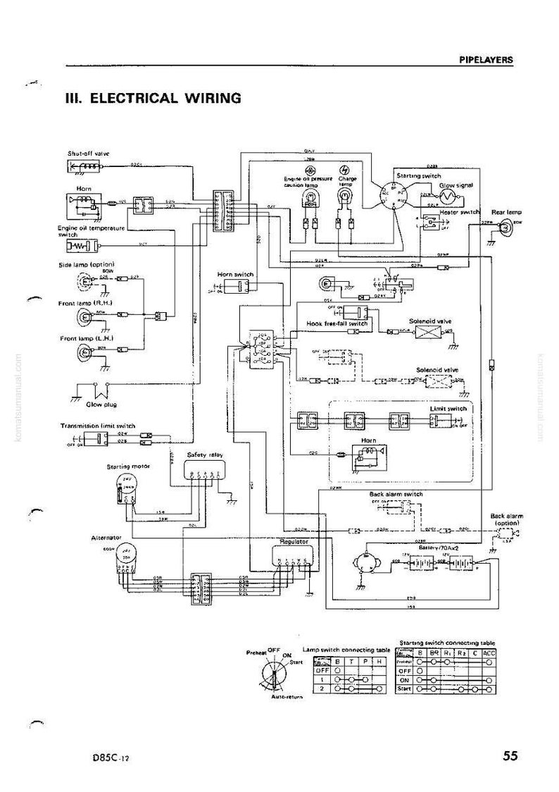 May include: Diagram of electrical wiring for a D85C-12, featuring components like the horn, starting motor, and various switches. The diagram includes labels and a table for lamp switch connections.