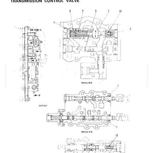 Puede incluir: Diagrama t&eacute;cnico de una v&aacute;lvula de control de transmisi&oacute;n, con m&uacute;ltiples secciones transversales detalladas y anotaciones. El diagrama incluye etiquetas y n&uacute;meros, con el texto "MAINTENANCE STANDARD" y "TRANSMISSION CONTROL VALVE".