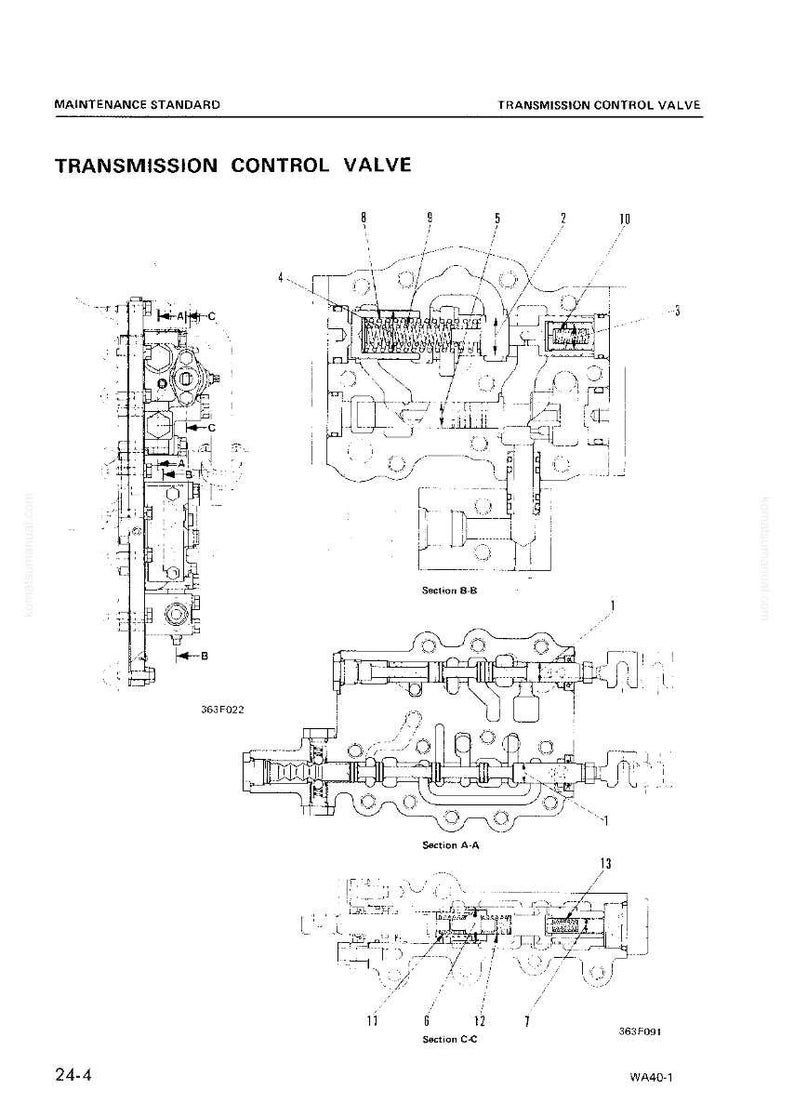 Puede incluir: Diagrama t&eacute;cnico de una v&aacute;lvula de control de transmisi&oacute;n, con m&uacute;ltiples secciones transversales detalladas y anotaciones. El diagrama incluye etiquetas y n&uacute;meros, con el texto "MAINTENANCE STANDARD" y "TRANSMISSION CONTROL VALVE".