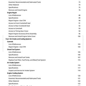 May include: A page from a manual with a table of contents. The text includes sections on engine repair, fuel systems, and air intake. Page numbers are visible on the right side of the page.
