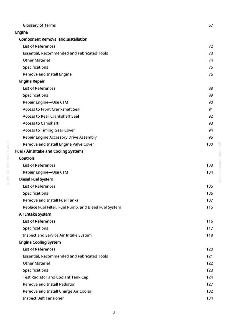 May include: A page from a manual with a table of contents. The text includes sections on engine repair, fuel systems, and air intake. Page numbers are visible on the right side of the page.