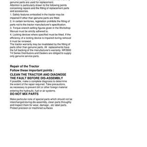 May include: A page from a Massey Ferguson tractor workshop manual. The text includes instructions on repairs, replacement parts, and safety precautions. The manual covers topics like cleaning the tractor, diagnosing faults, and avoiding mixing parts.