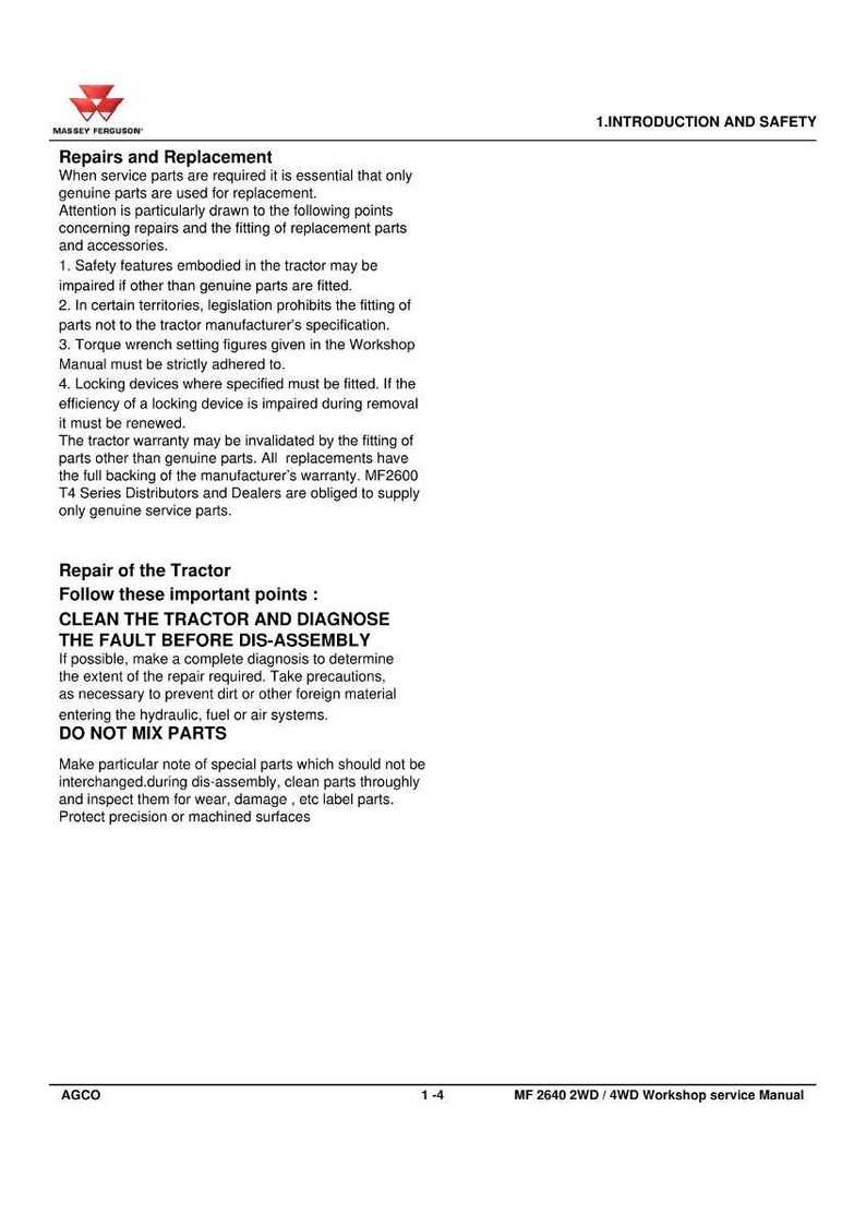 May include: A page from a Massey Ferguson tractor workshop manual. The text includes instructions on repairs, replacement parts, and safety precautions. The manual covers topics like cleaning the tractor, diagnosing faults, and avoiding mixing parts.