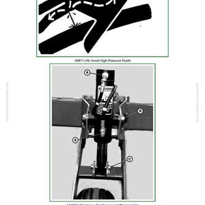 May include: Diagram of a mechanical component with labels A, B, and C. The image includes a warning about high-pressure fluids and a legend identifying hoses, screws, and a drilled pin. The text reads "A44513-UN: Hoses, Cap Screws and Pins Location."