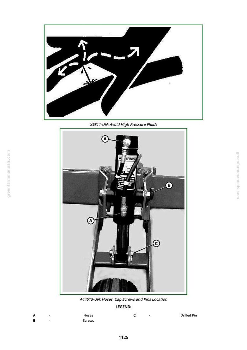 May include: Diagram of a mechanical component with labels A, B, and C. The image includes a warning about high-pressure fluids and a legend identifying hoses, screws, and a drilled pin. The text reads "A44513-UN: Hoses, Cap Screws and Pins Location."