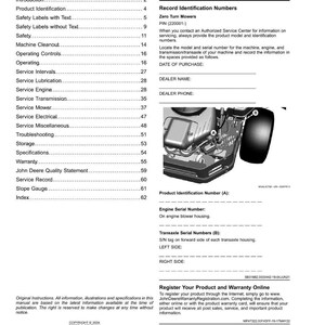 May include: A page from a manual for Zero Turn Mowers, with sections on product identification, safety, and service. Includes diagrams and spaces for recording machine details. Text includes "Register Your Product and Warranty Online."