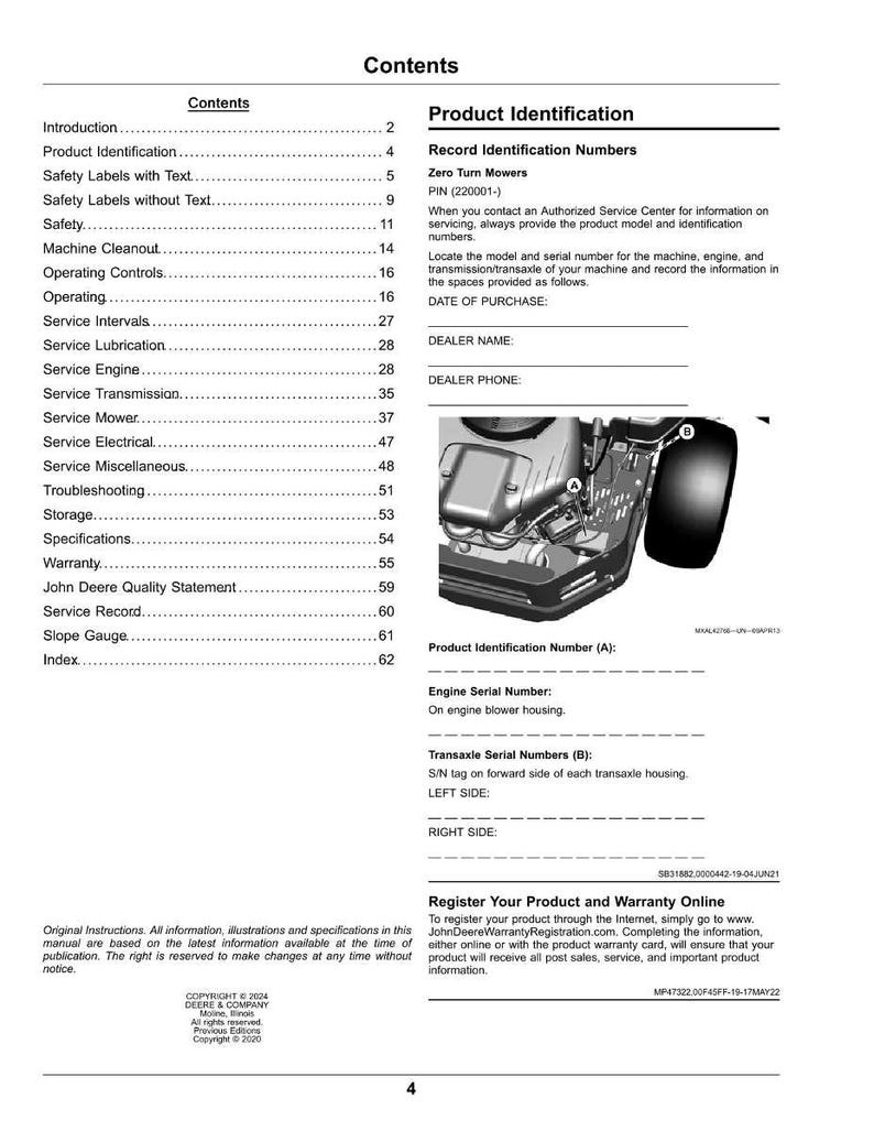 May include: A page from a manual for Zero Turn Mowers, with sections on product identification, safety, and service. Includes diagrams and spaces for recording machine details. Text includes "Register Your Product and Warranty Online."