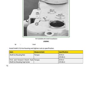 May include: Diagram of a mechanical component with the text "TX1125205A-UN: Shaft Installation." The image includes a shaft installation guide with torque specifications of 25 N-m or 216 lb-in.