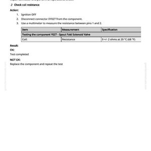 K&ouml;nnte beinhalten: Eine wei&szlig;e Seite mit Text, der ein Komponententestverfahren detailliert. Der Text enth&auml;lt Anweisungen zum &Uuml;berpr&uuml;fen des Spulenwiderstands mit Messungen in Ohm und Grad Celsius. Das Dokument enth&auml;lt auch den Text "OK" und "NICHT OK" mit Anweisungen.