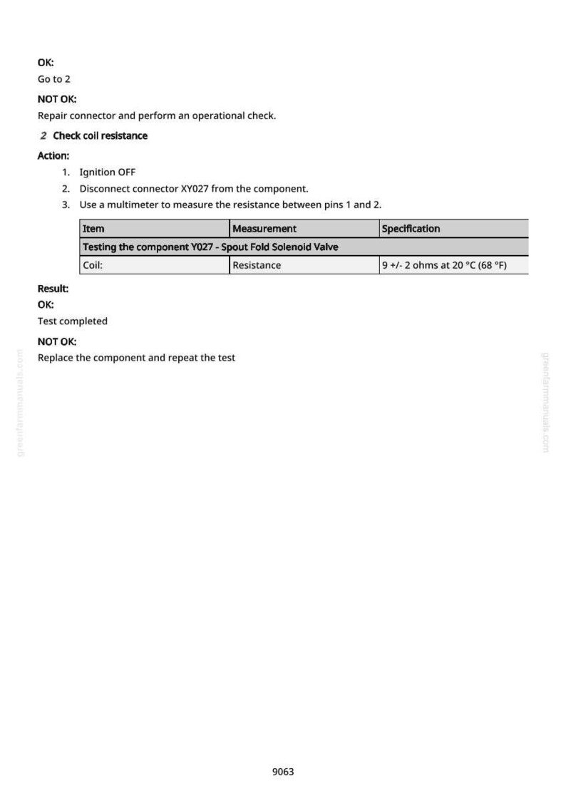 K&ouml;nnte beinhalten: Eine wei&szlig;e Seite mit Text, der ein Komponententestverfahren detailliert. Der Text enth&auml;lt Anweisungen zum &Uuml;berpr&uuml;fen des Spulenwiderstands mit Messungen in Ohm und Grad Celsius. Das Dokument enth&auml;lt auch den Text "OK" und "NICHT OK" mit Anweisungen.