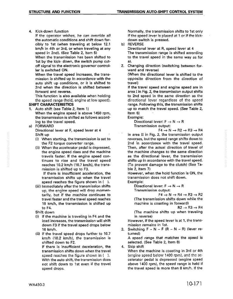 K&ouml;nnte beinhalten: Eine Seite aus einem Handbuch, die die Struktur und Funktion eines Getriebe-Automatikschaltsystems detailliert. Der Text enth&auml;lt Schaltmerkmale, Funktionen des Richtungshebels und Informationen zum Drehzahlbereich. Die Seite hat die Nummer 10-171.