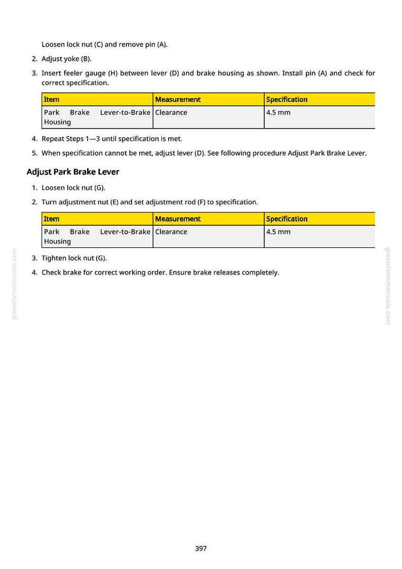 May include: A page from a manual with instructions for adjusting a park brake lever. The text includes steps for loosening and tightening nuts, and checking clearance, with a specification of 4.5 mm.
