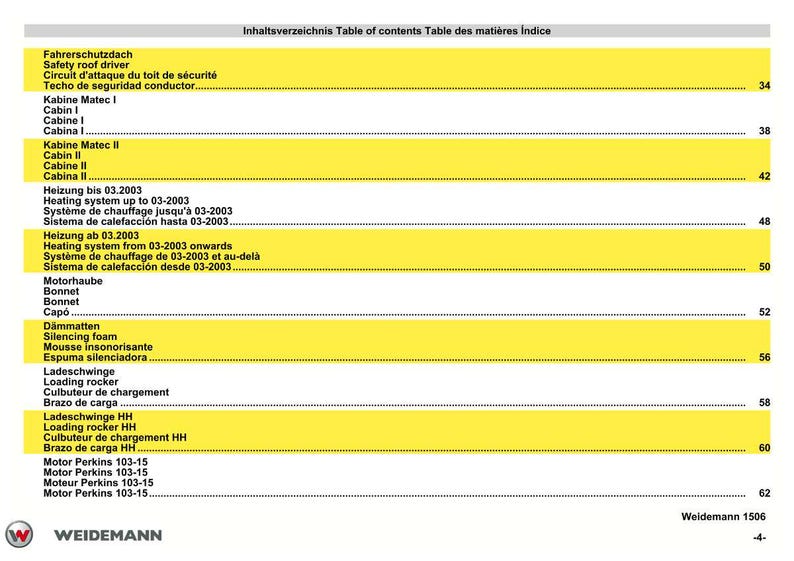 May include: A manual page featuring a multi-language table of contents, including English, German, French, and Spanish. The text is on a white background with yellow highlighted sections. The Weidemann logo is at the bottom.