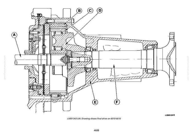 Pode incluir: Desenho t&eacute;cnico detalhado de um componente mec&acirc;nico, provavelmente um conjunto de transmiss&atilde;o final. O diagrama &eacute; rotulado com as letras A a F, mostrando as pe&ccedil;as internas e suas rela&ccedil;&otilde;es. O desenho &eacute; em preto e branco, com cortes e anota&ccedil;&otilde;es.