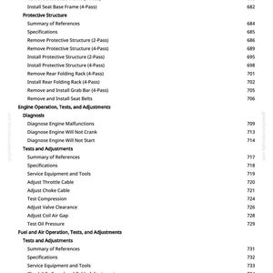 May include: A white page with black text detailing automotive repair procedures. Sections include "Engine Operation, Tests, and Adjustments" and "Fuel and Air Operation, Tests, and Adjustments." Page numbers are visible.