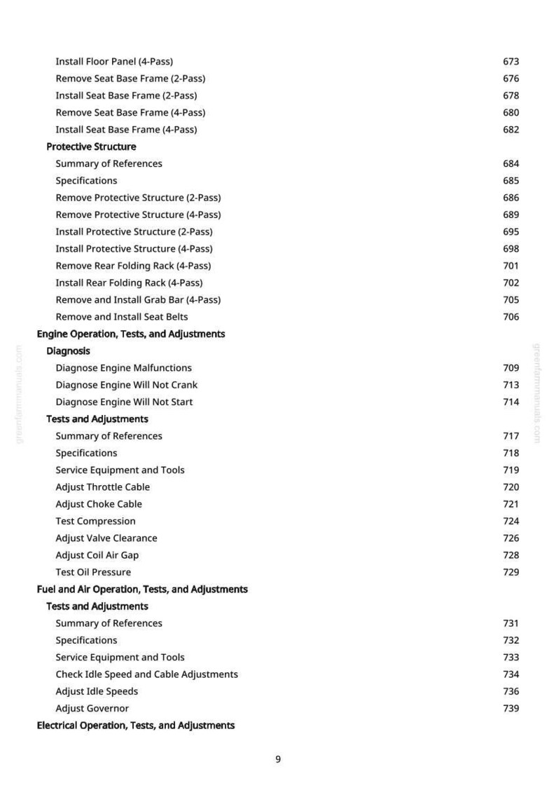 May include: A white page with black text detailing automotive repair procedures. Sections include "Engine Operation, Tests, and Adjustments" and "Fuel and Air Operation, Tests, and Adjustments." Page numbers are visible.