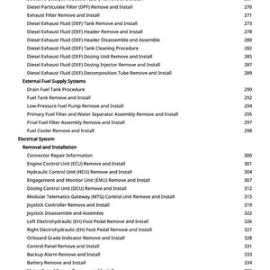 May include: A detailed list of automotive repair procedures, including "Service Filter Cleaning," "Engine Control Unit Remove and Install," and "Battery Remove and Install." The text is black on a white background, with page numbers on the right.
