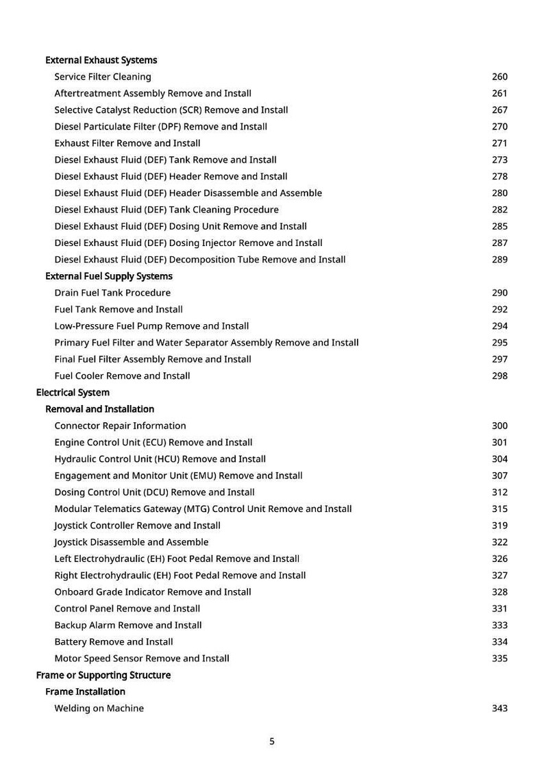 May include: A detailed list of automotive repair procedures, including "Service Filter Cleaning," "Engine Control Unit Remove and Install," and "Battery Remove and Install." The text is black on a white background, with page numbers on the right.