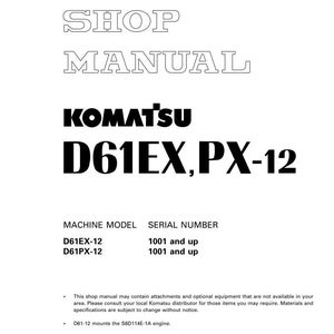 May include: A white shop manual with the text "SHOP MANUAL" in a bold, outlined font. The Komatsu logo is displayed, along with "D61EX, PX-12". The manual includes machine model and serial number information.