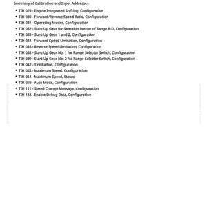 May include: A white page with the text "TIH Control Software - Summary of Calibration and Input Addresses." The text lists various configurations, including engine shifting, speed ratios, operating modes, and gear settings. The number 3720 is at the bottom.