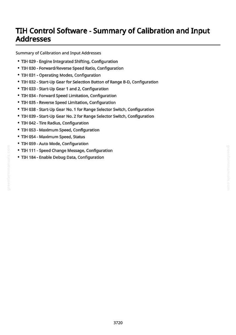 May include: A white page with the text "TIH Control Software - Summary of Calibration and Input Addresses." The text lists various configurations, including engine shifting, speed ratios, operating modes, and gear settings. The number 3720 is at the bottom.