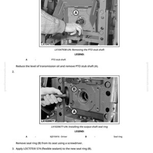 May include: Technical diagram illustrating the process of replacing an output shaft seal ring. The image shows close-up views of mechanical components, with hands interacting with the machinery. Text instructions and labels are included, with measurements in inches.