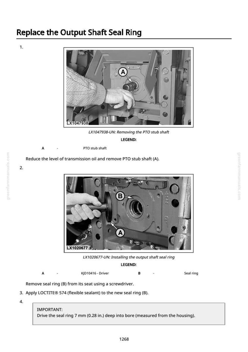 May include: Technical diagram illustrating the process of replacing an output shaft seal ring. The image shows close-up views of mechanical components, with hands interacting with the machinery. Text instructions and labels are included, with measurements in inches.