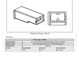 May include: Diagram of an F36 flood light, with a 3D isometric view and a top-down view. The diagram includes a table with wiring harness information, circuit numbers, wire colors, and circuit functions. The text includes "F36 Flood Light" and "12V Output".