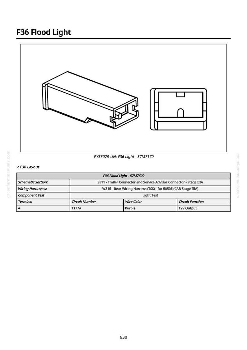 May include: Diagram of an F36 flood light, with a 3D isometric view and a top-down view. The diagram includes a table with wiring harness information, circuit numbers, wire colors, and circuit functions. The text includes "F36 Flood Light" and "12V Output".