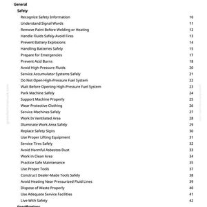 May include: A detailed table of contents from a manual, with a white background and black text. The headings include "Foreword", "General", "Safety", and "Specifications". Safety topics include handling fluids, batteries, and avoiding hazards.