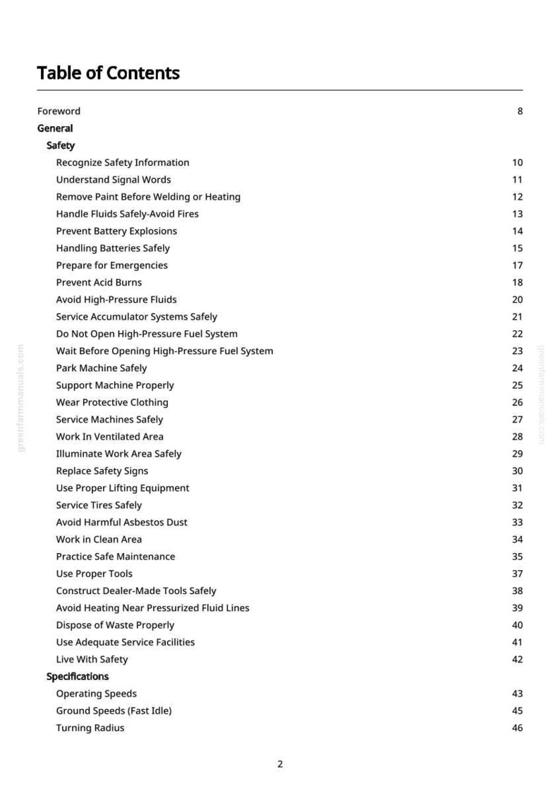 May include: A detailed table of contents from a manual, with a white background and black text. The headings include "Foreword", "General", "Safety", and "Specifications". Safety topics include handling fluids, batteries, and avoiding hazards.