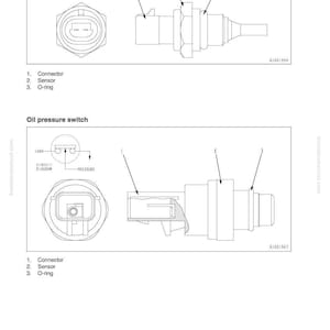 May include: Diagram showing a coolant temperature sensor and an oil pressure switch. The coolant sensor has a connector, sensor, and O-ring. The oil pressure switch also has a connector, sensor, and O-ring. Text includes "10 Structure, function and maintenance standard."
