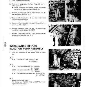 Puede incluir: P&aacute;gina de un manual que detalla la extracci&oacute;n e instalaci&oacute;n de un conjunto de bomba de inyecci&oacute;n de combustible. Incluye diagramas, pasos numerados y especificaciones de par en Newton-metros.