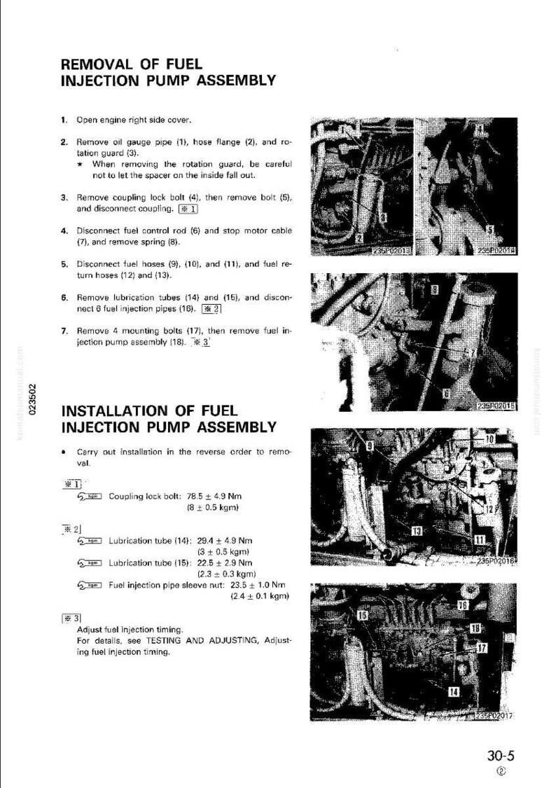 Puede incluir: P&aacute;gina de un manual que detalla la extracci&oacute;n e instalaci&oacute;n de un conjunto de bomba de inyecci&oacute;n de combustible. Incluye diagramas, pasos numerados y especificaciones de par en Newton-metros.