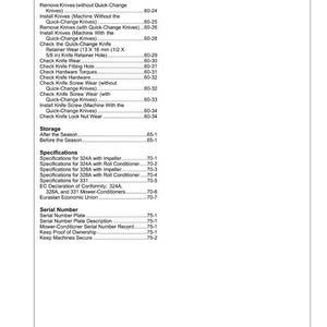 May include: A white document page with a table of contents, including sections on knife maintenance, storage, and specifications for various mower models. The document also lists serial number information.