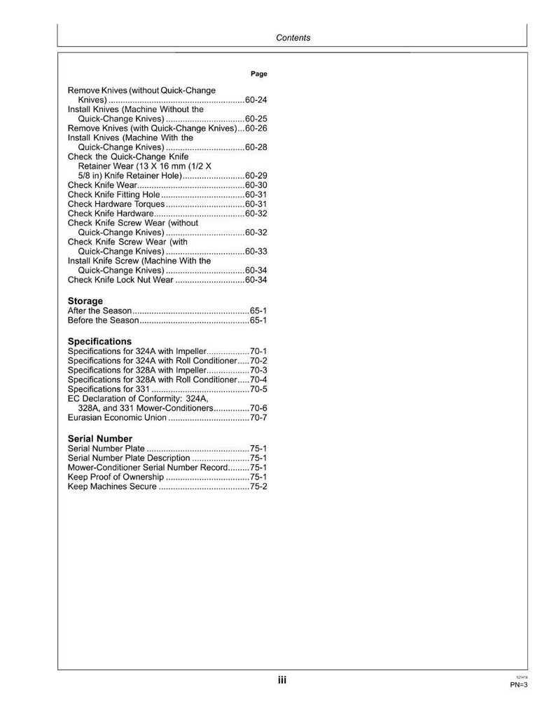 May include: A white document page with a table of contents, including sections on knife maintenance, storage, and specifications for various mower models. The document also lists serial number information.