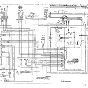 K&ouml;nnte beinhalten: Detaillierte Schwarz-Wei&szlig;-Schemazeichnung eines elektronischen Steuerungssystems. Das Diagramm zeigt zahlreiche miteinander verbundene Komponenten, Linien und Beschriftungen, darunter einen Controller und verschiedene Sensoren. Der Text "SEVICON CONTROLLER" ist sichtbar.